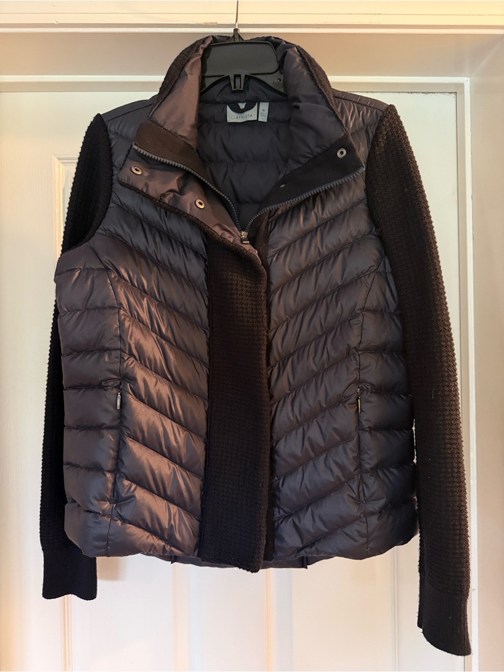 Athleta Responsible Down Waffle Knit Puffer Jacket Navy Blue Medium - Picture 2 of 10